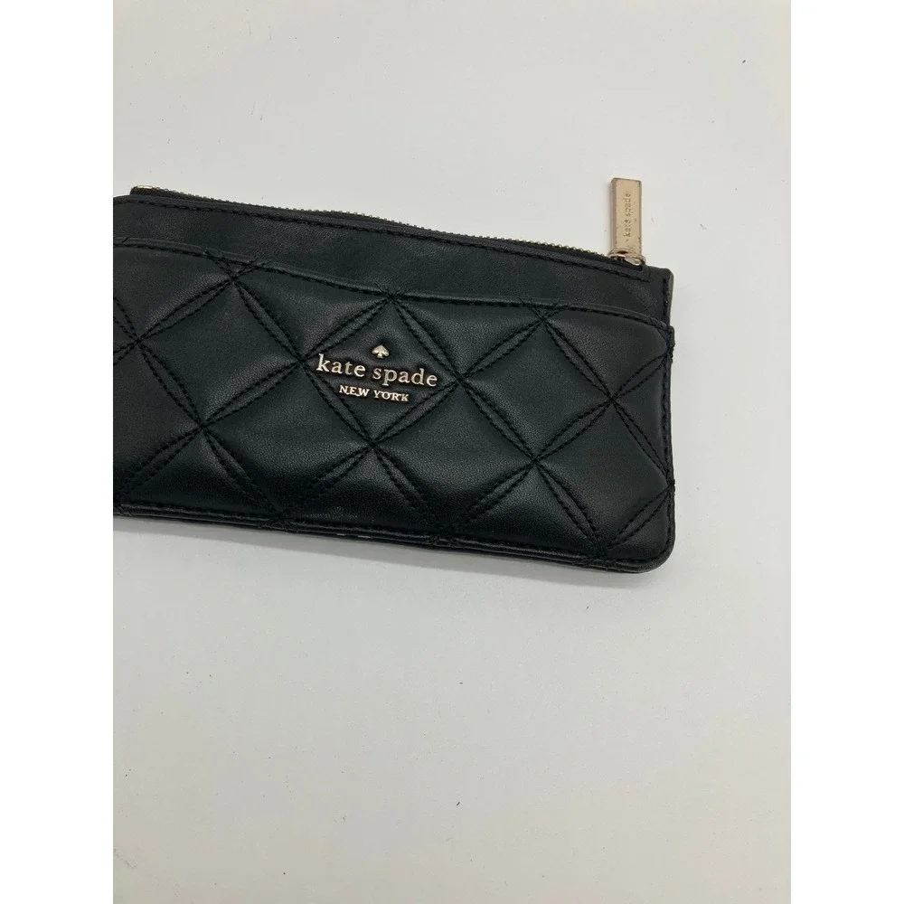 Kate Spade New York Quilted Leather Card Holder Wallet Black Gold Zipper